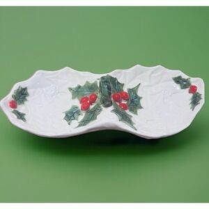 Vintage 1970s Lefton Christmas Holly Berry White Divided Candy Nut Relish Dish
